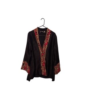 Soft Surroundings 100% Silk Embroidered Floral Kimono Size XL Black Whimsigoth